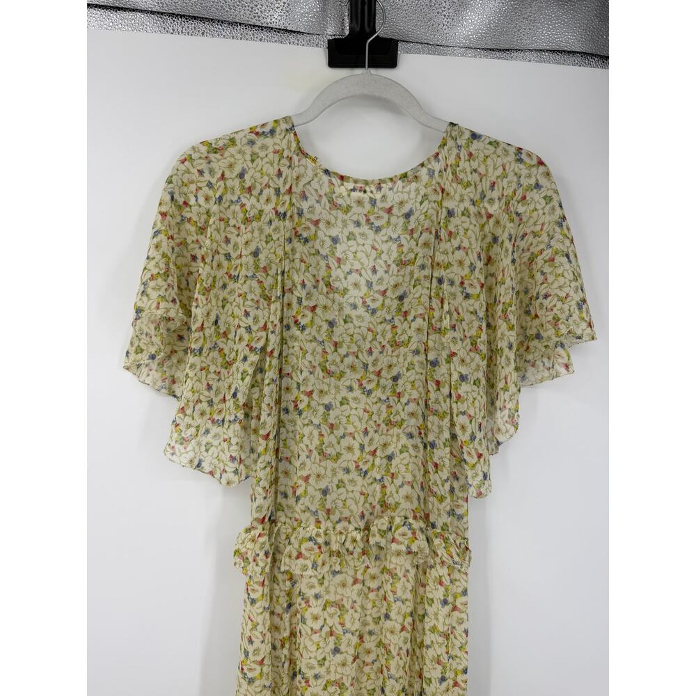 Doen Antoinette Maxi Dress Yellow Victoria Floral Printed Silk Ruffle Sheer M - Picture 10 of 13